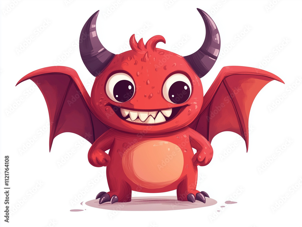 Cute cartoon red devil with big eyes and wide grin, vector illustration on a white background Cute cartoon red devil with big eyes and wide grin, vector illustration on a white background