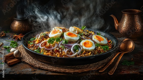 Steaming biryani with fried onions and eggs on rustic table photo