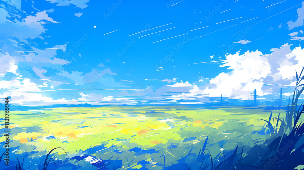 Vibrant summer landscape with yellow field, blue sky, and fluffy clouds. Vibrant summer landscape with yellow field, blue sky, and fluffy clouds.