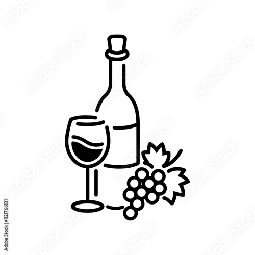 Wine Bottle And Glass Of Wine And Grapes Vector Silhouette Illustration On White Background.