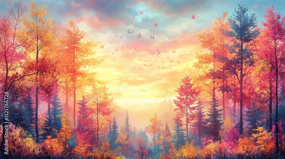 A serene autumn landscape featuring vibrant foliage and a colorful sunset illuminating the trees, creating a peaceful and picturesque scene. A serene autumn landscape featuring vibrant foliage and a colorful sunset illuminating the trees, creating a peaceful and picturesque scene.