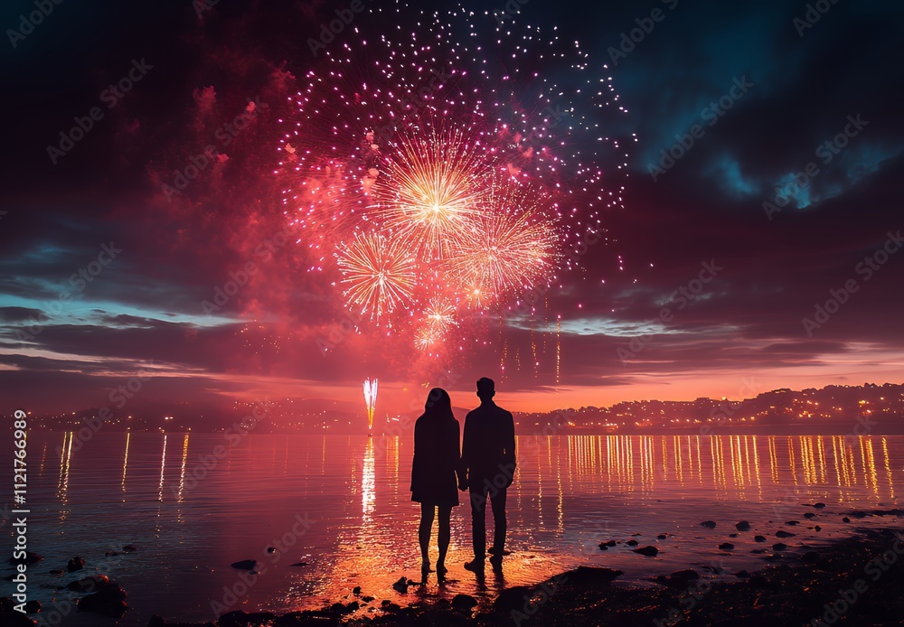 Fototapeta premium Romantic Couple Silhouetted Against a Vibrant Fireworks Display Over a Calm Lake at Night