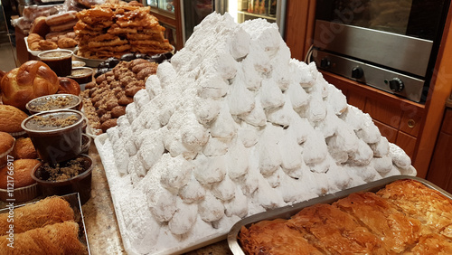 kourampiedes and melomakarona greek traditional sweets for xmas season photo