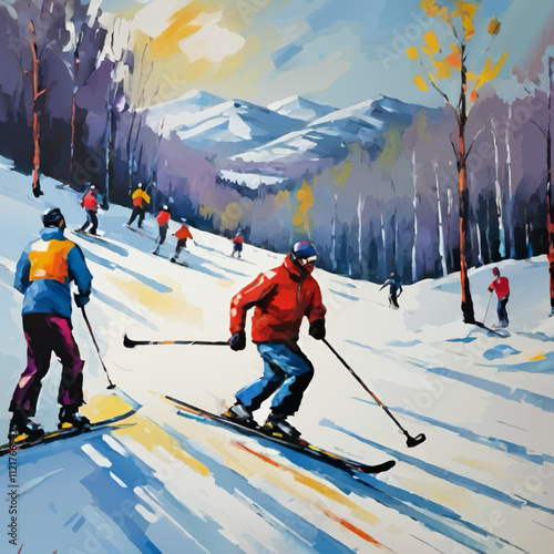 people on ski slope illustration