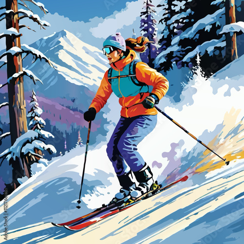 woman skiing downhill illustration