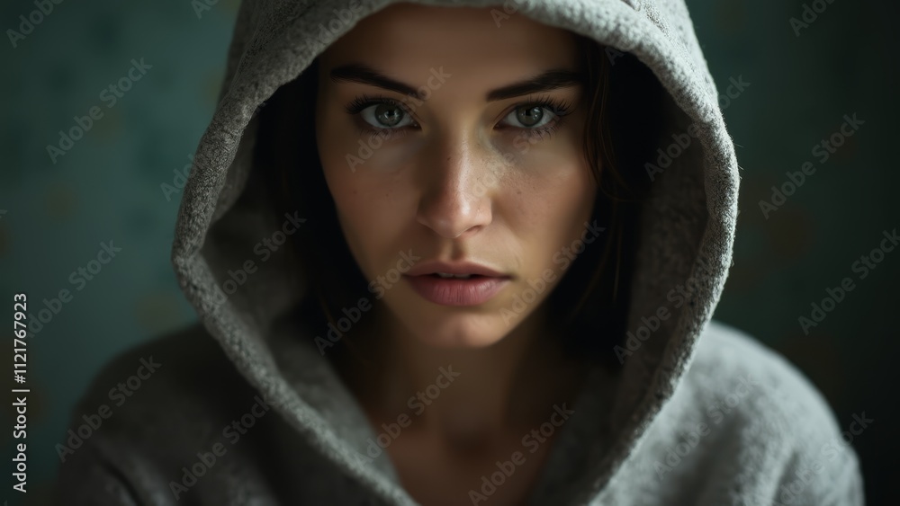 A woman in a gray hooded sweatshirt looking at the camera A woman in a gray hooded sweatshirt looking at the camera