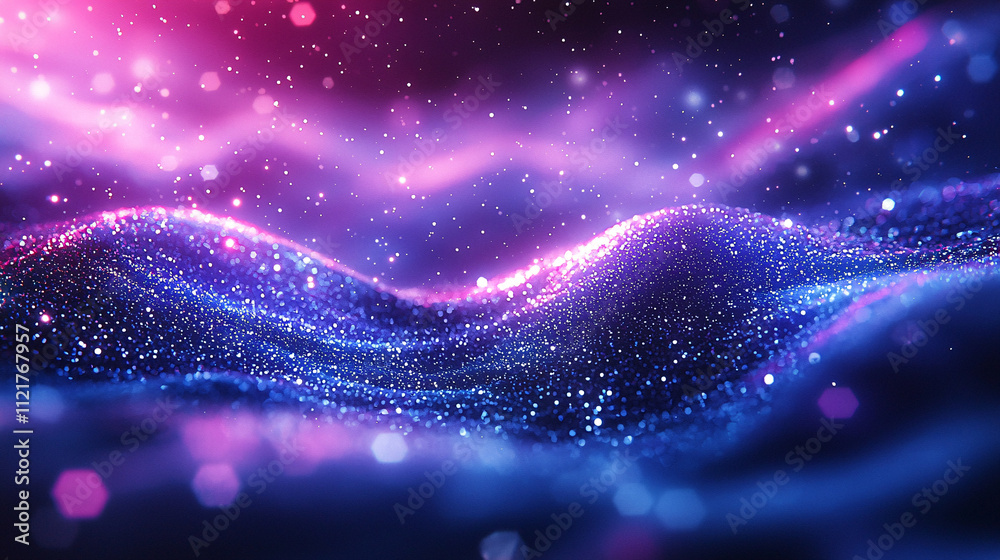 Abstract Glittering Purple and Blue Waves with Sparkling Particles and Bokeh Effects Abstract Glittering Purple and Blue Waves with Sparkling Particles and Bokeh Effects