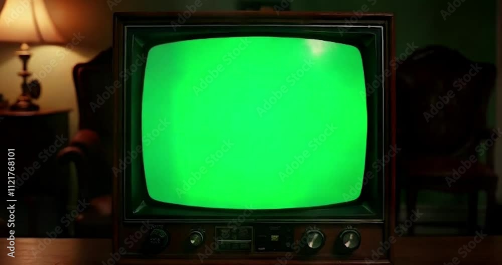 A retro vintage green screen tv displays a glitch effect while zooming out against a nostalgic backdrop 