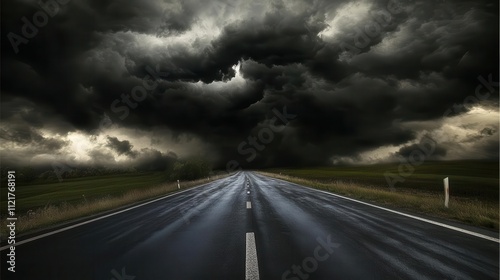 Travel themed image showing an empty road with dark storm clouds overhead