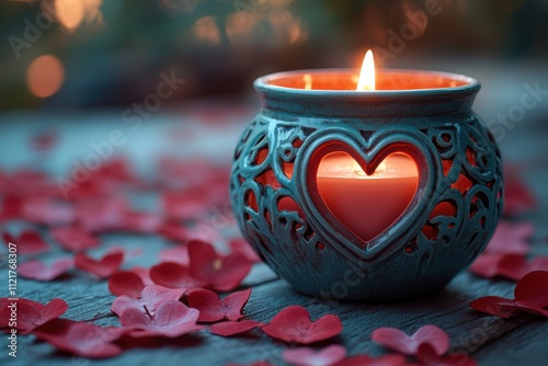 A heart-shaped candle surrounded by delicate flower petals, creating a cozy and romantic ambiance. Ideal for Valentine’s Day promotions. Banner with space for text photo