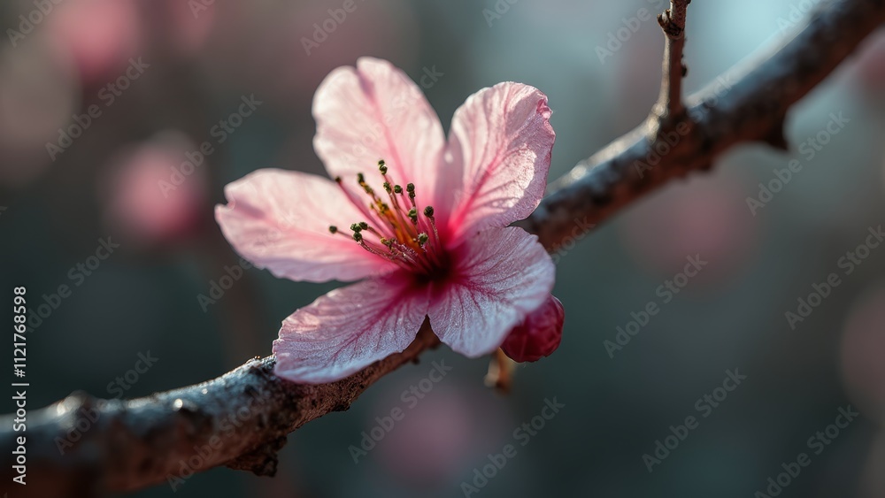 A pink flower on a tree branch with a blurry background A pink flower on a tree branch with a blurry background