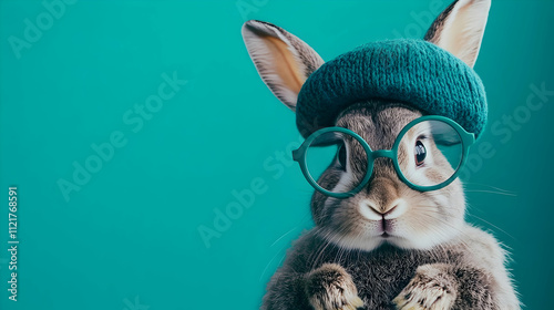 Stylish rabbit wearing round glasses and beret against a bright teal background, creating a playful artistic atmosphere that captures creative and bohemian spirit photo