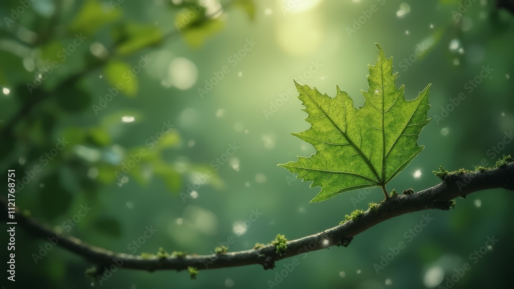 A single green leaf on a tree branch in the sunlight A single green leaf on a tree branch in the sunlight