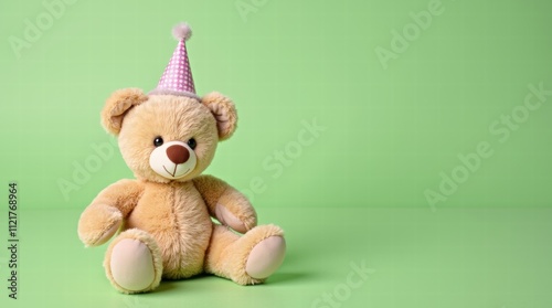 A teddy bear with a small birthday hat on a soft green background