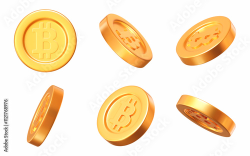 3D set of Bitcoin gold coins in different angles. A symbol of gold and wealth. Stock vector illustration on isolated background