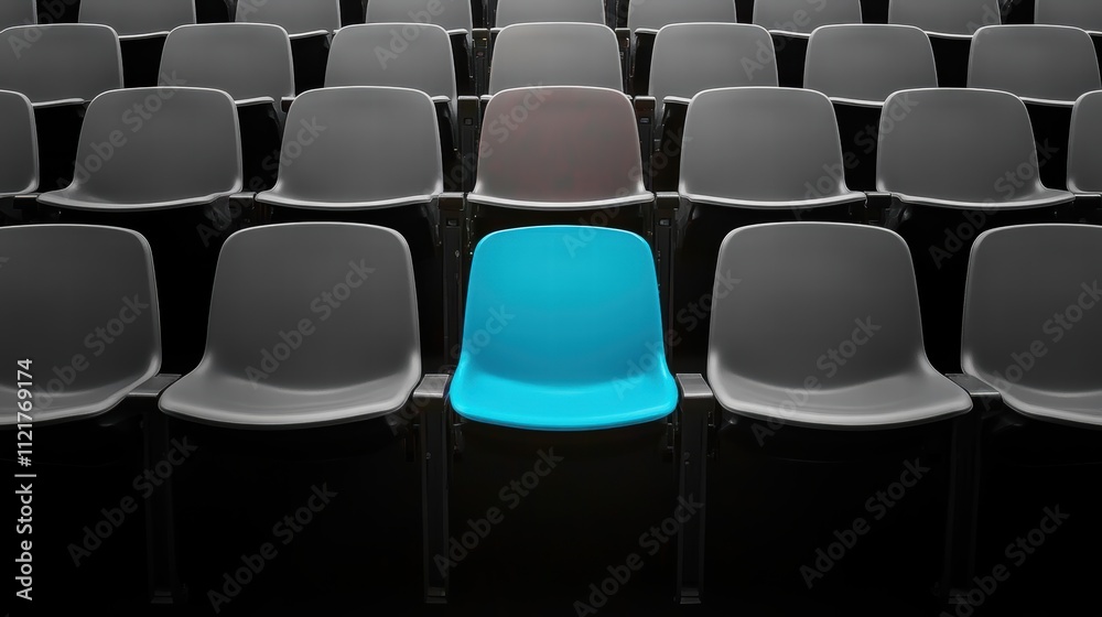 Fototapeta premium Monochrome stadium with one blue seat among gray rows
