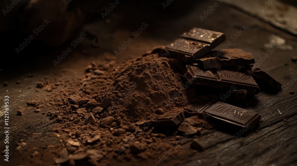 Cocoa powder chocolate bars and cacao beans on dark wood Cocoa powder chocolate bars and cacao beans on dark wood