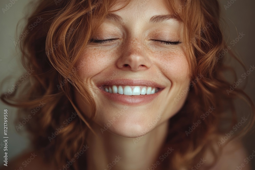 Close-up of beautiful redhead woman smiling with closed eyes Close-up of beautiful redhead woman smiling with closed eyes