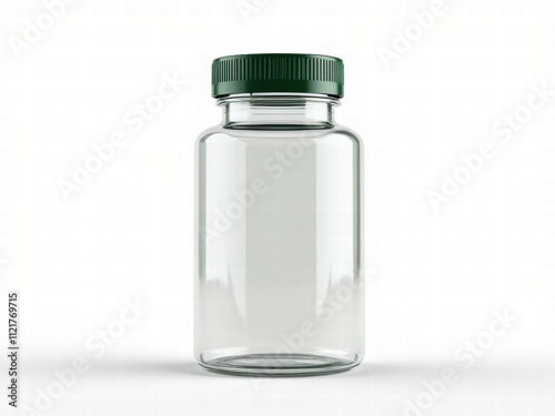 Transparent supplement bottle with a dark green lid on a white background. Mockup style, clean and professional appearance, ideal for promotional or marketing purposes