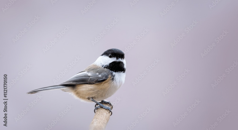 Chickadee perched on branch against soft gray background in winter scene Chickadee perched on branch against soft gray background in winter scene