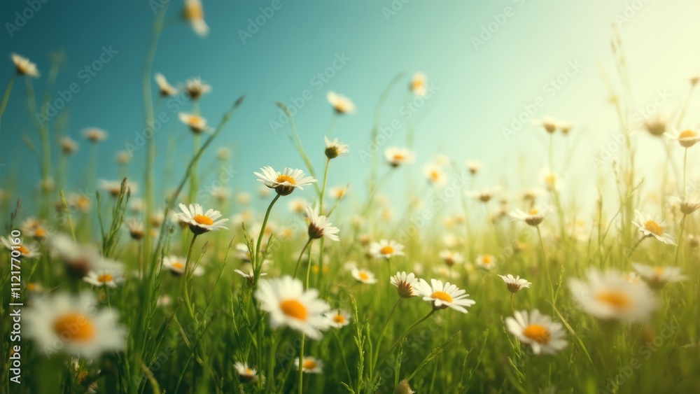 A field of daisies with a blue sky in the background A field of daisies with a blue sky in the background