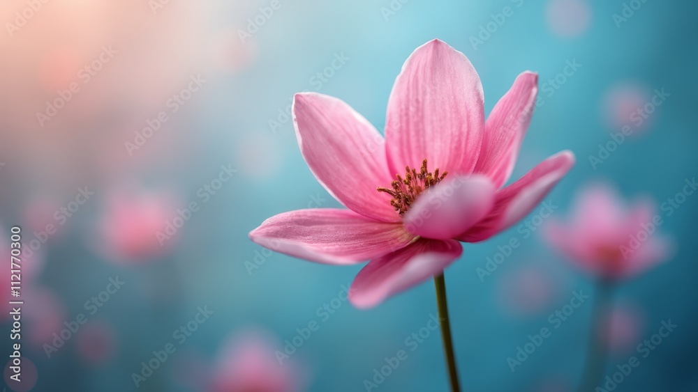 A single pink flower on a blue background A single pink flower on a blue background