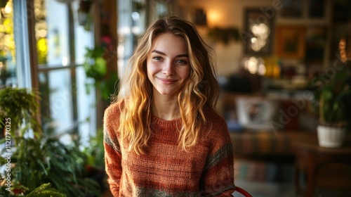 Wallpaper Mural Happy young woman smiling in cozy home interior. Torontodigital.ca