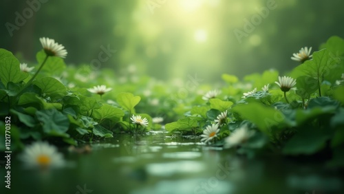 A field of daisies floating on top of a body of water surrounded by green leaves