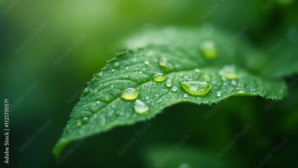 A green leaf with water droplets on it A green leaf with water droplets on it