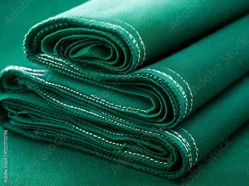 Closeup of soft folded fabric layers with textured detail, showcasing natural material design, stacked neutral-toned cloth with fine texture for minimalistic textile concept, interior fashion 