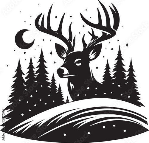 A deer with large antlers peeking over a snowy vector silhouette 