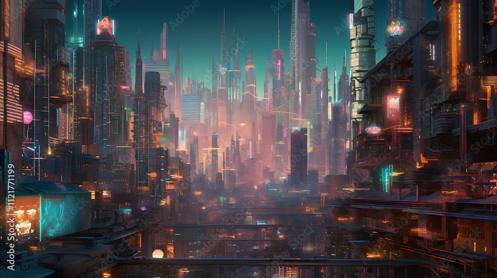 Futuristic Cityscape at Dusk Urban Towers Glow Futuristic Cityscape at Dusk Urban Towers Glow