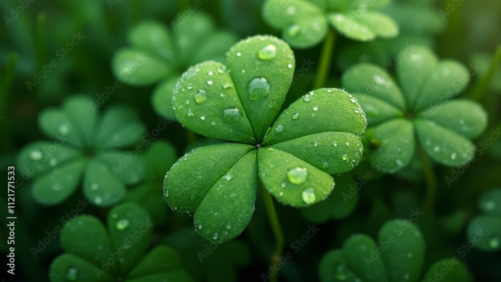 A group of four leaf clovers with water droplets on them A group of four leaf clovers with water droplets on them