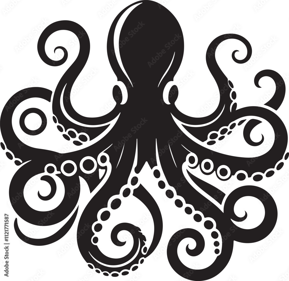 Hand drawn octopus silhouette of vector art of illustration with white background