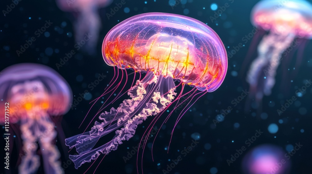 A group of luminous jellyfish gliding gracefully through dark waters, showcasing vibrant colors and delicate tentacles. A group of luminous jellyfish gliding gracefully through dark waters, showcasing vibrant colors and delicate tentacles.
