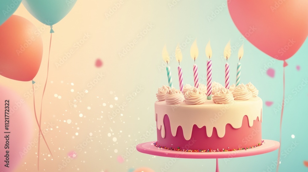 Festive birthday cake with candles and balloons. (1) Festive birthday cake with candles and balloons. (1)