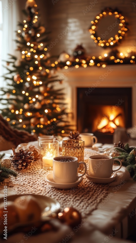 Cozy holiday table setting with hot cocoa and christmas decor Cozy holiday table setting with hot cocoa and christmas decor