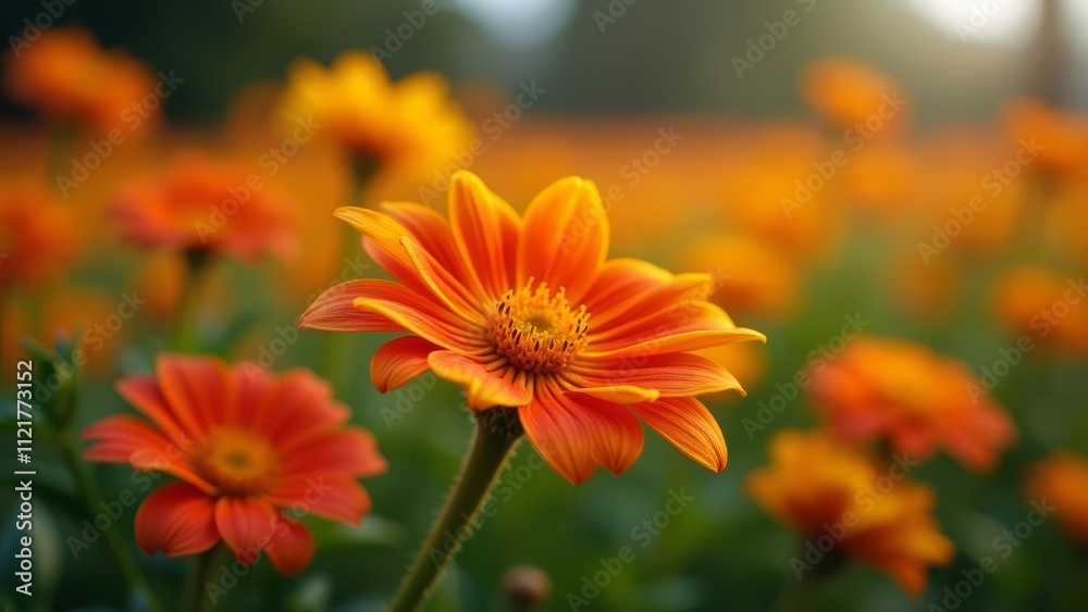A field of orange flowers with a blurry background A field of orange flowers with a blurry background