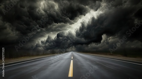 Travel themed image showing an empty road with dark storm clouds overhead