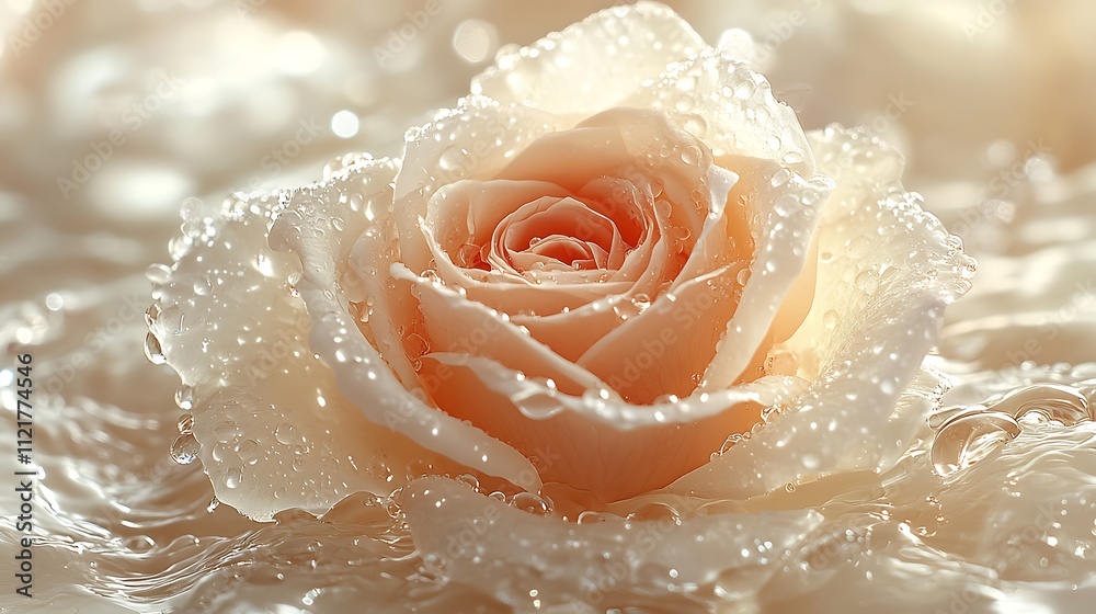 Fototapeta premium Red rose surrounded by soft neutral tones with sparkling water drops