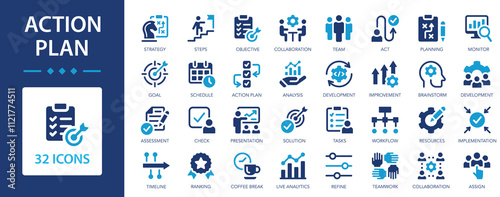 Action plan flat icons collection. Planning actions and processes in business operations. Planning, schedule, strategy, analysis, tasks, goal, collaboration.