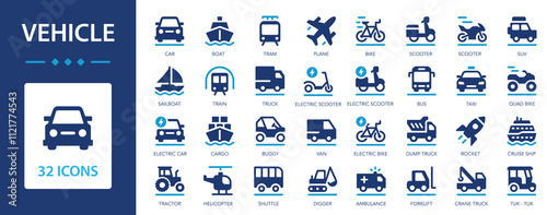 Transport and vehicle flat icons collection. Ways of moving in space. Car, train, electric scooter, motorbike, bus.