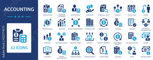 Accounting flat icons collection. Accounting of business affairs and work. Invoice, tax, accountant, financial statement, tax calculator.