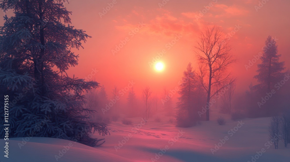 Pink winter sunset over snowy forest. Pink winter sunset over snowy forest.