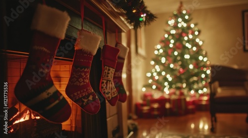 A beautifully decorated mantle with stockings stuffed with small wrapped gifts, a glowing fire in the hearth, and a Christmas tree in the background