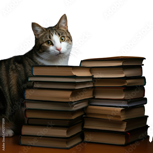 Tabby Cat Sitting Behind a Stack of Books on a Wooden Table PNG