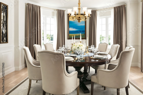 An elegant dining room featuring a custom-built table surrounded by plush chairs and adorned with fine china.