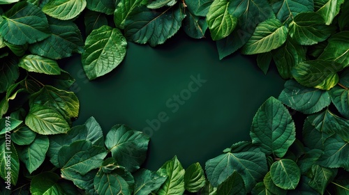 leaves frame textured and dark green background copy space at center