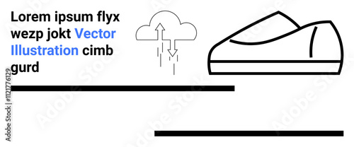 Black and white shoe sketch, cloud with rain arrows, placeholder text, and rectangular lines. Ideal for product, landing pages, online stores, text placeholders, minimalist designs, marketing