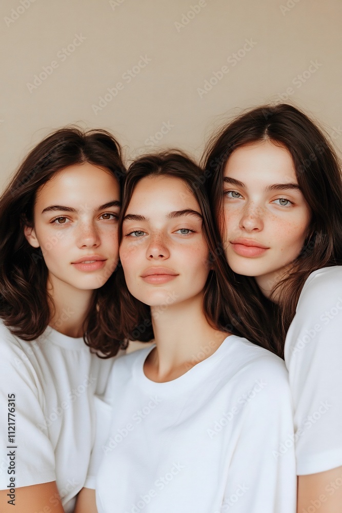 Three women in triangular close-up pose